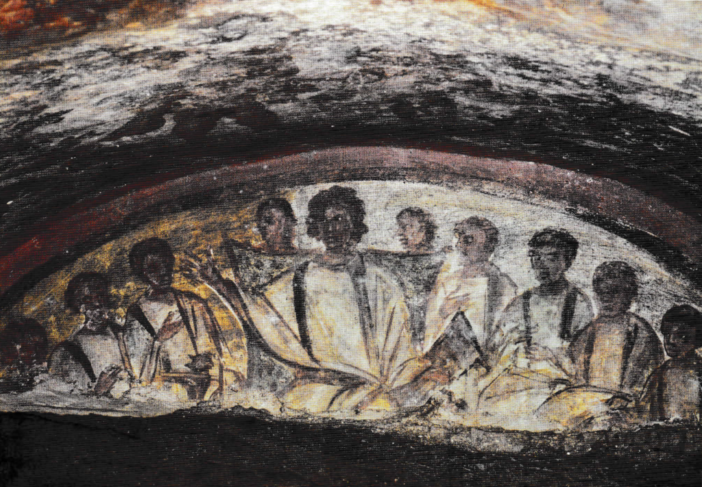 Christus mit Aposteln.
3. Jh.Domitilla Katakomben Rom.